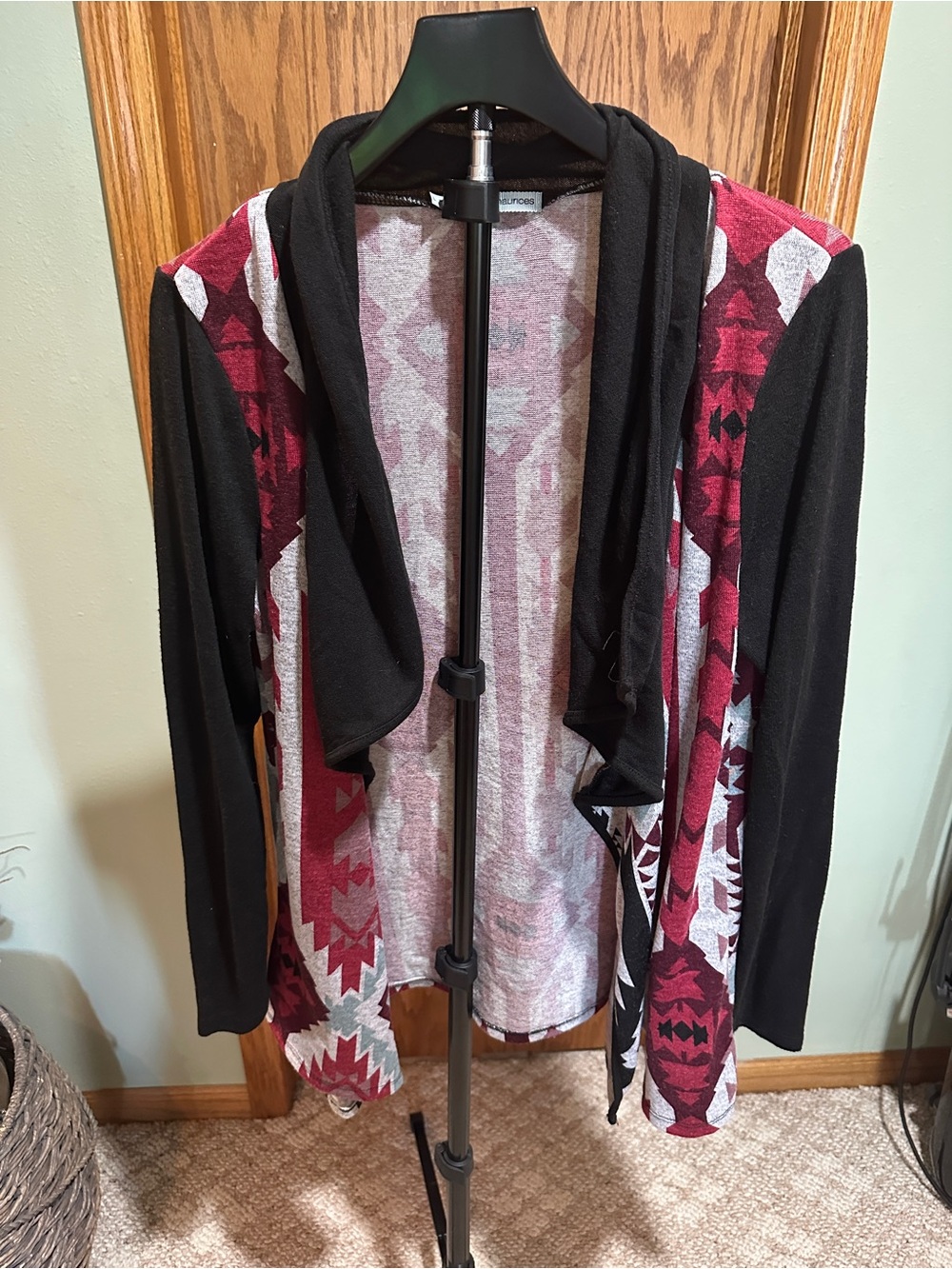 Maurices Black and Burgundy Open-Front Aztec Cardigan